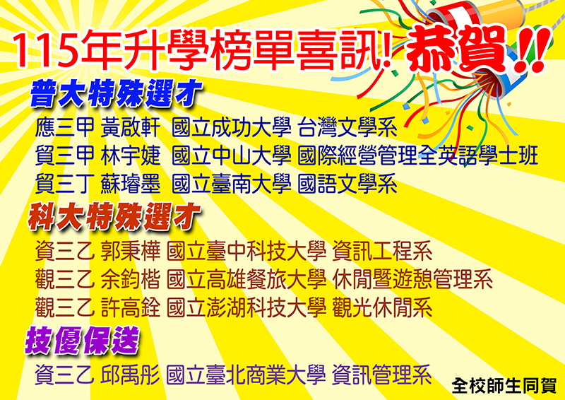 賀！本校115年升學榜單喜訊！